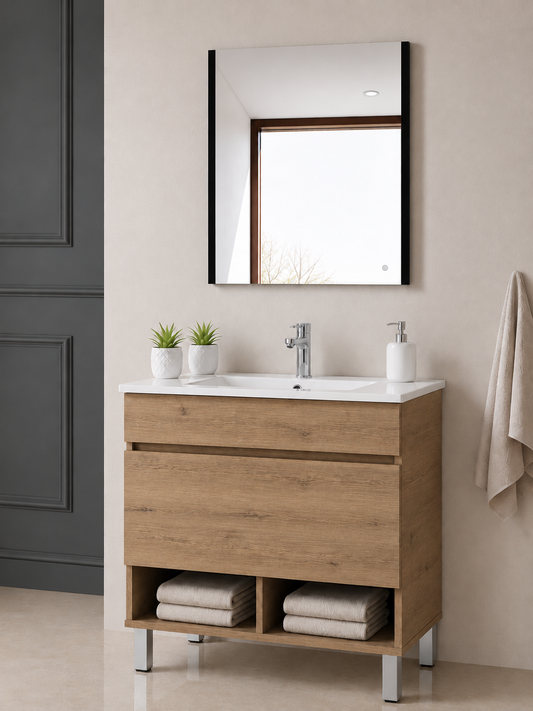 Kabinet kamar mandi berkaki Nebari, dengan laci, rak, dan wastafel