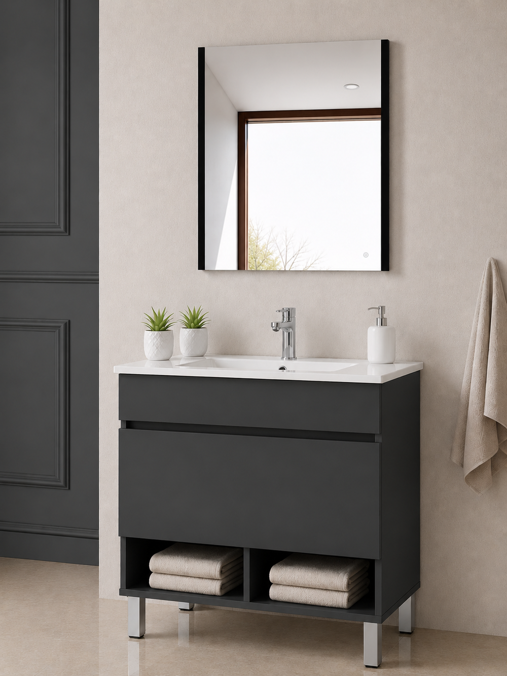 Kabinet kamar mandi berkaki Nebari, dengan laci, rak, dan wastafel · Grafit
