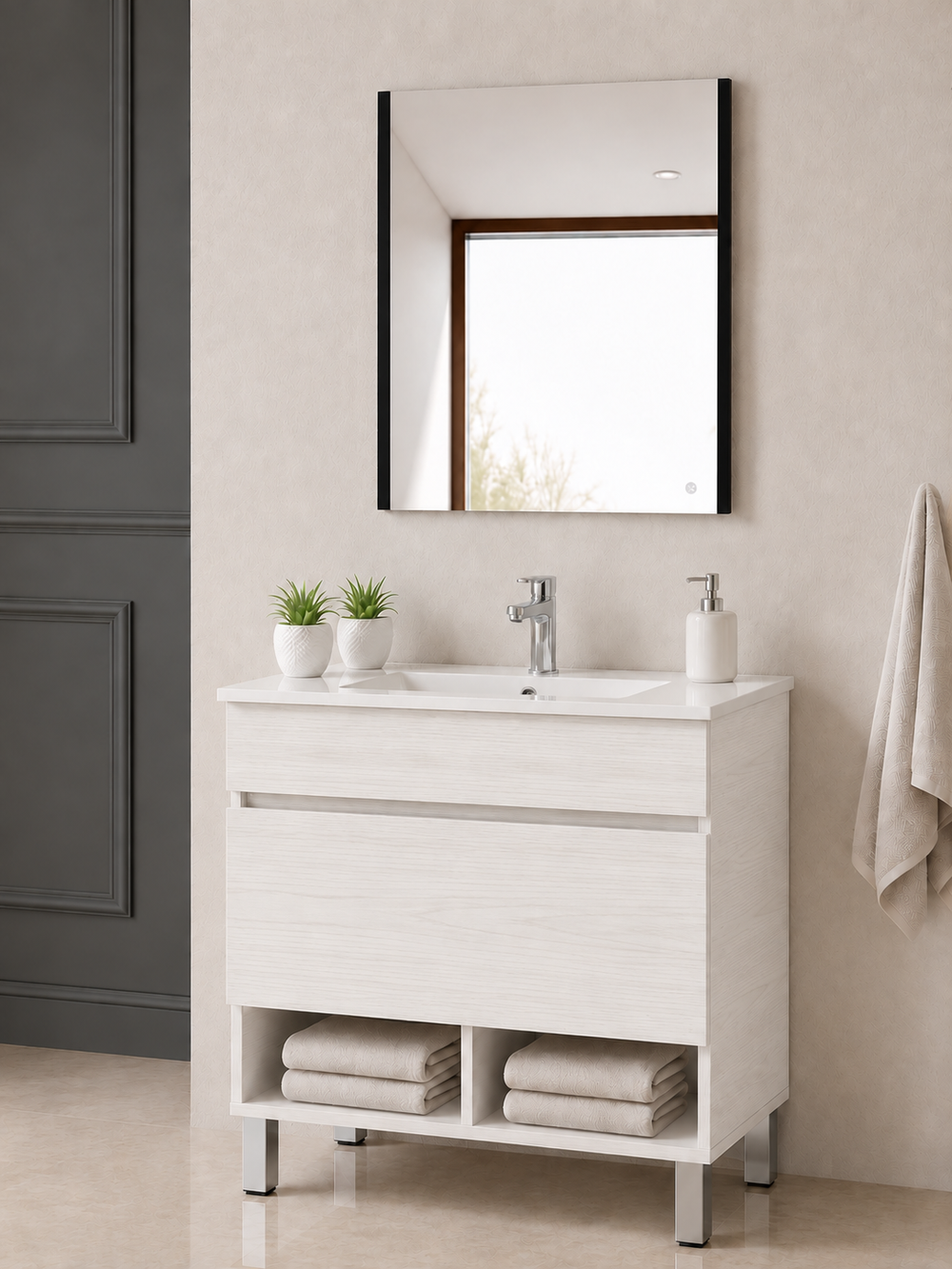 Kabinet kamar mandi berkaki Nebari, dengan laci, rak, dan wastafel · Putih Nordik