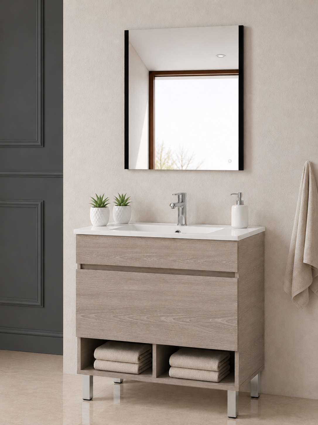 NEBARI floor-standing bathroom vanity unit with drawer, shelf and basin