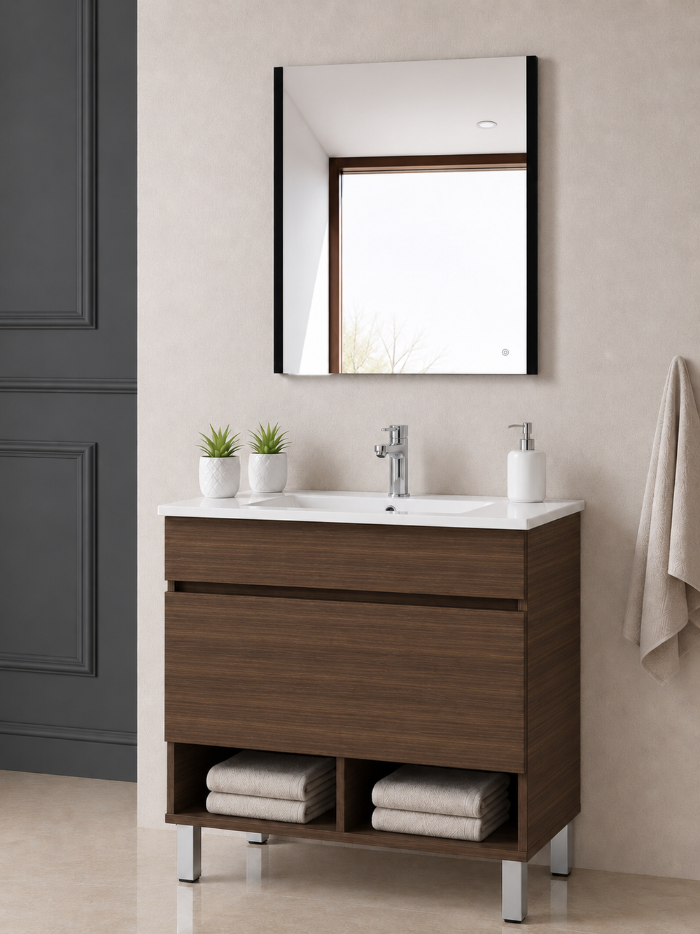 Kabinet kamar mandi berkaki Nebari, dengan laci, rak, dan wastafel · Teh Fresno