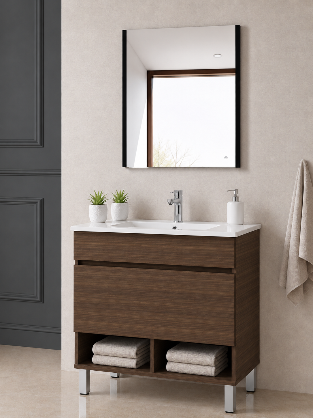 Kabinet kamar mandi berkaki Nebari, dengan laci, rak, dan wastafel
