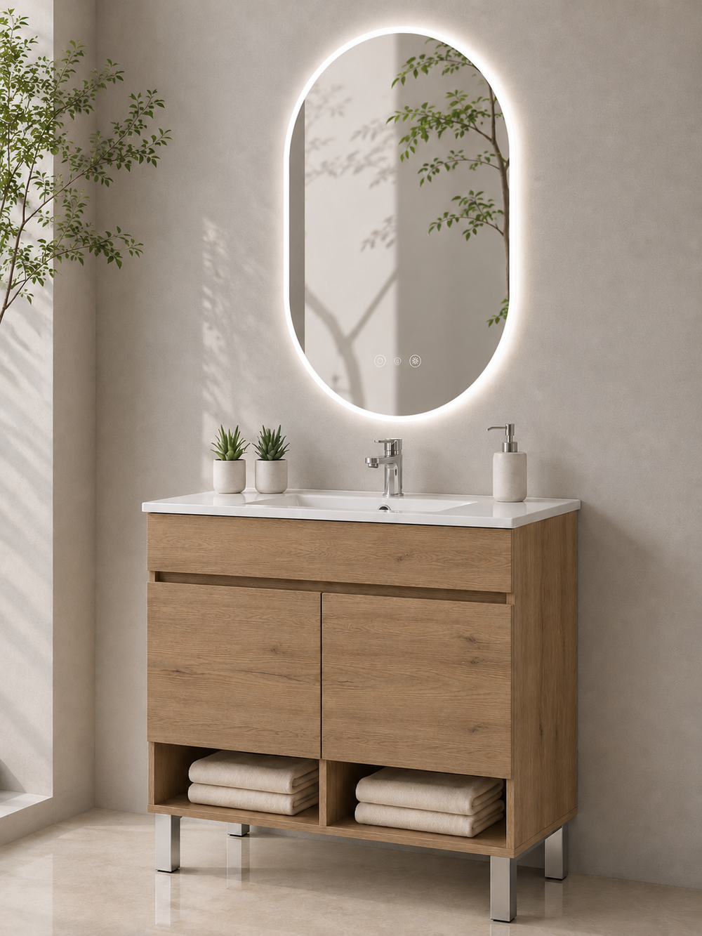 Kabinet kamar mandi berkaki Nebari dengan pintu dan wastafel · Stepa