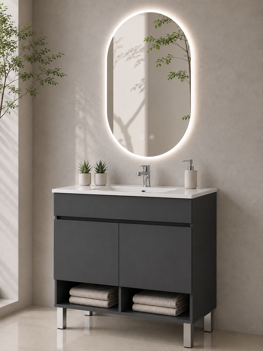 Kabinet kamar mandi berkaki Nebari dengan pintu dan wastafel · Grafit