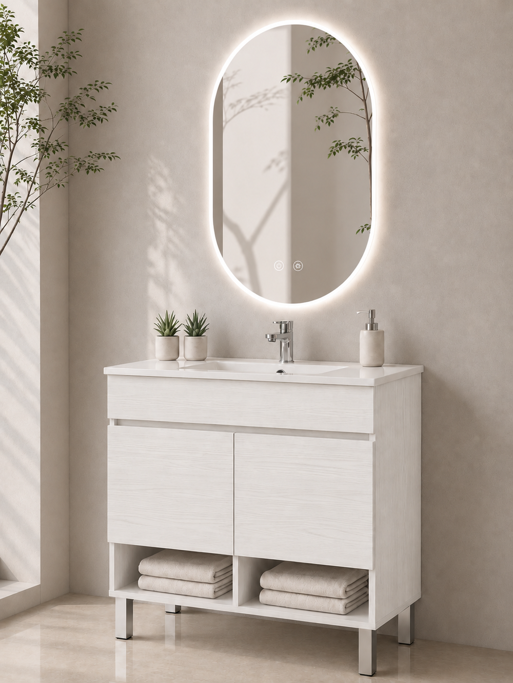 Kabinet kamar mandi berkaki Nebari dengan pintu dan wastafel · Putih Nordik