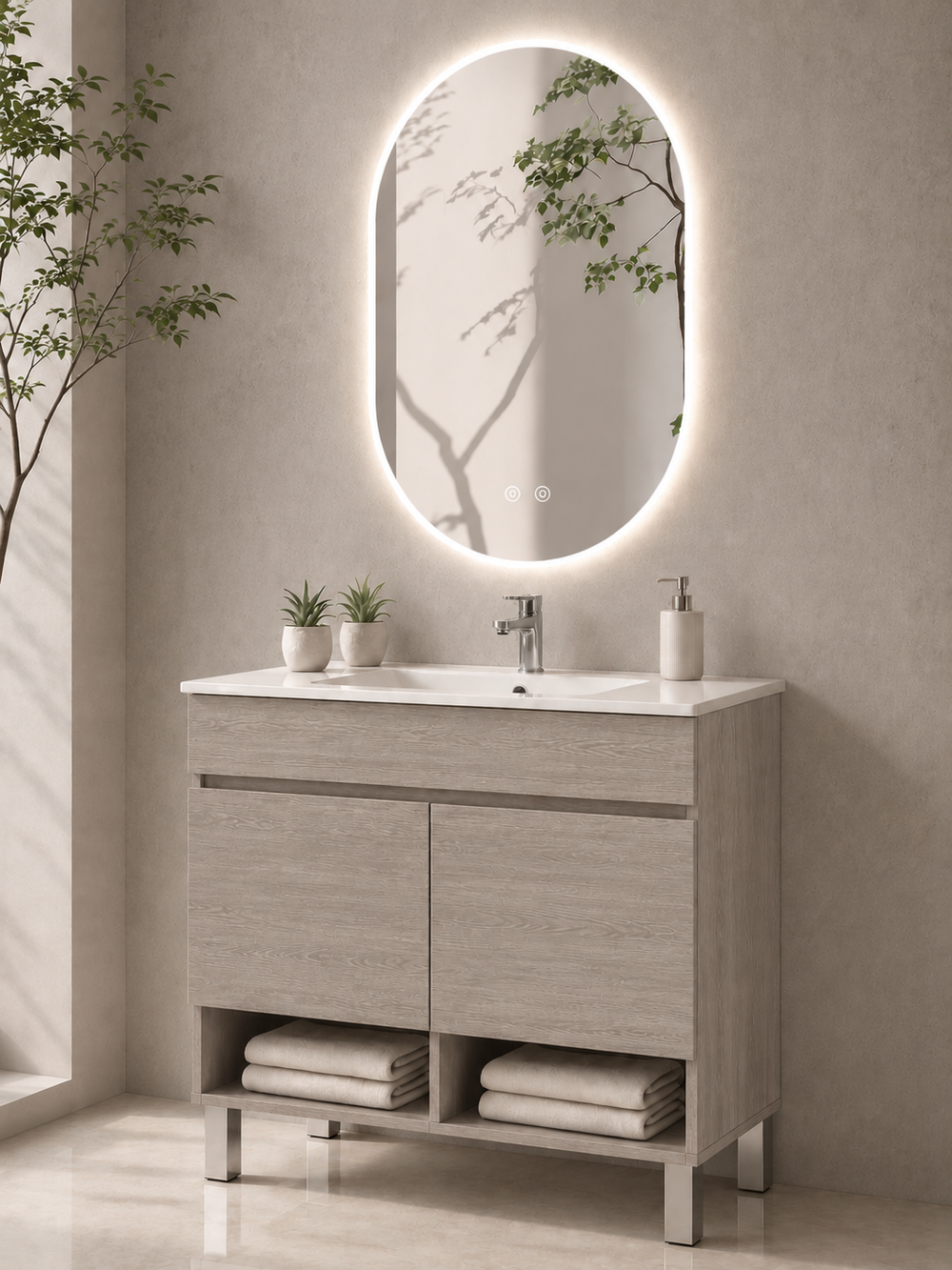 Kabinet kamar mandi berkaki Nebari dengan pintu dan wastafel · Ek Asap