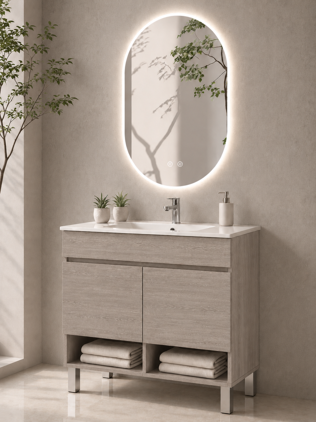 Kabinet kamar mandi berkaki Nebari dengan pintu dan wastafel