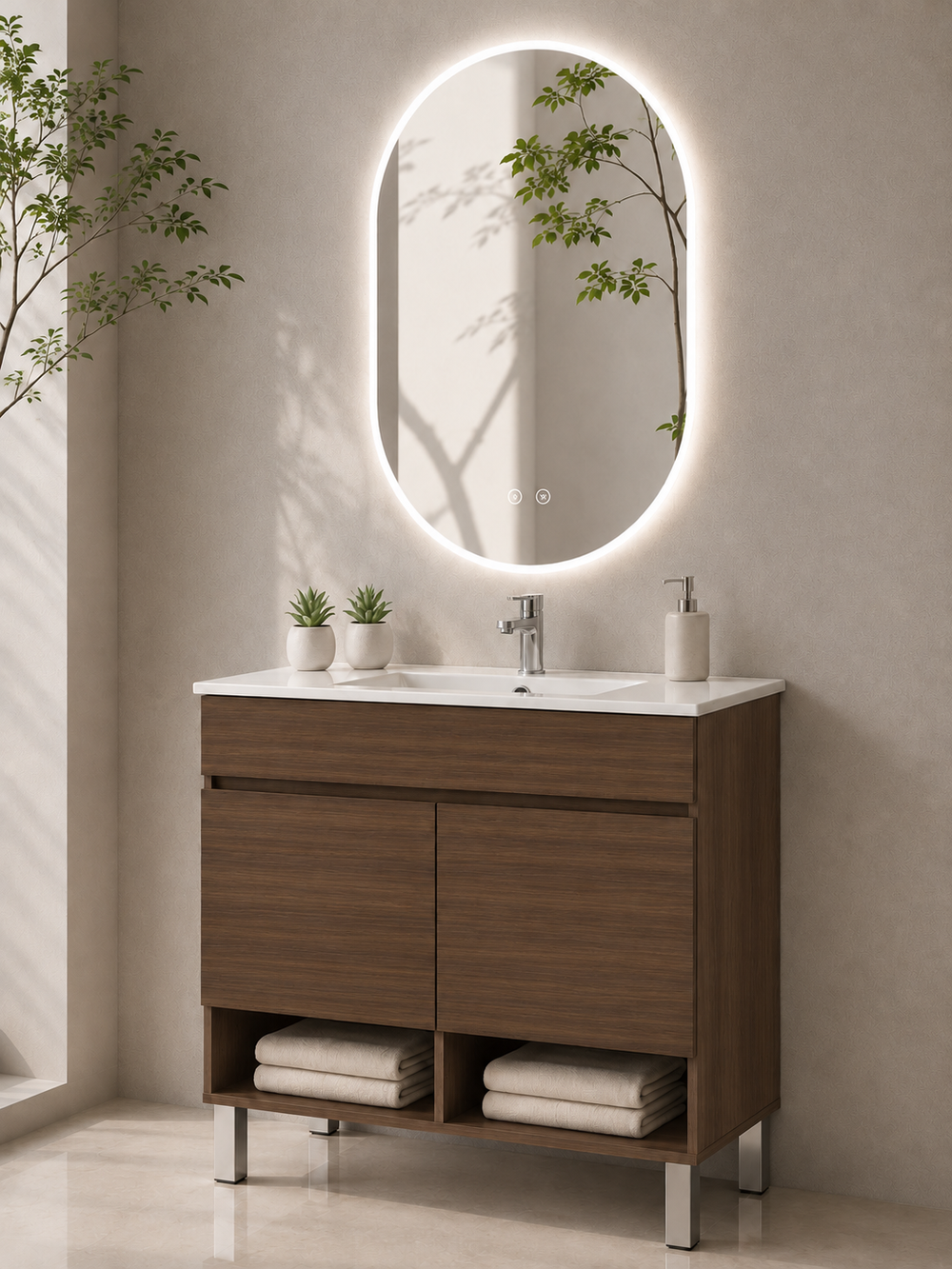 Kabinet kamar mandi berkaki Nebari dengan pintu dan wastafel · Teh Fresno