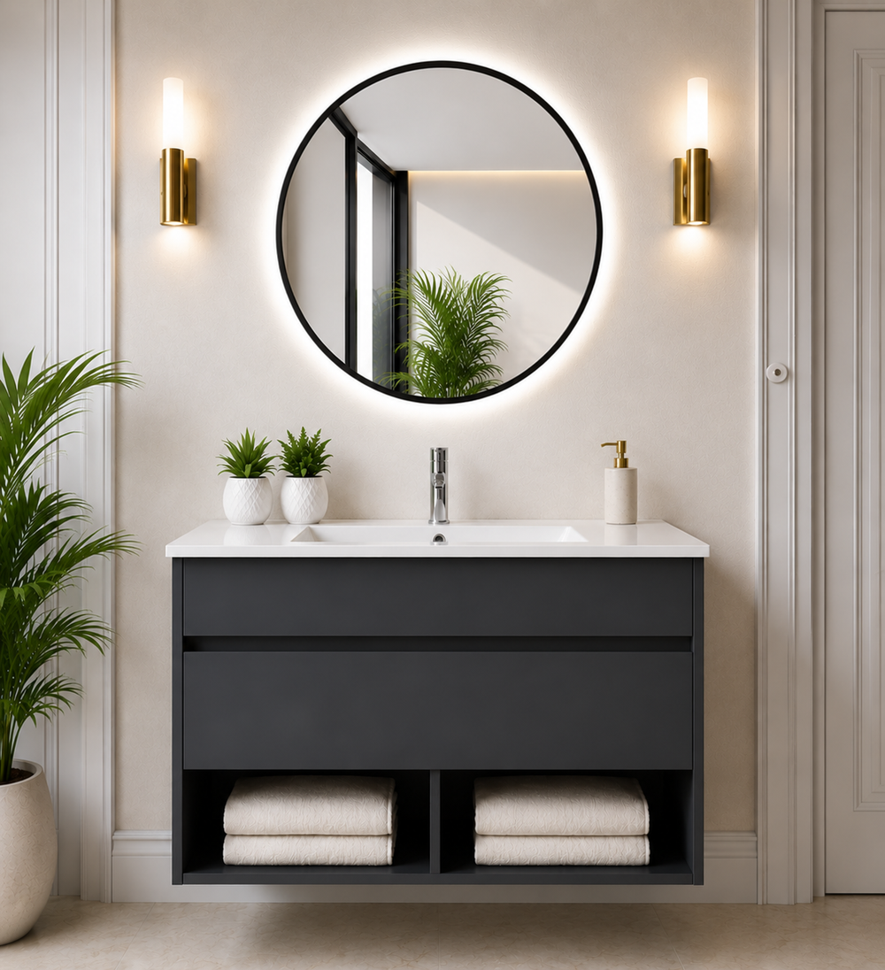 Kabinet wastafel gantung Nebari dengan laci dan wastafel · Grafit