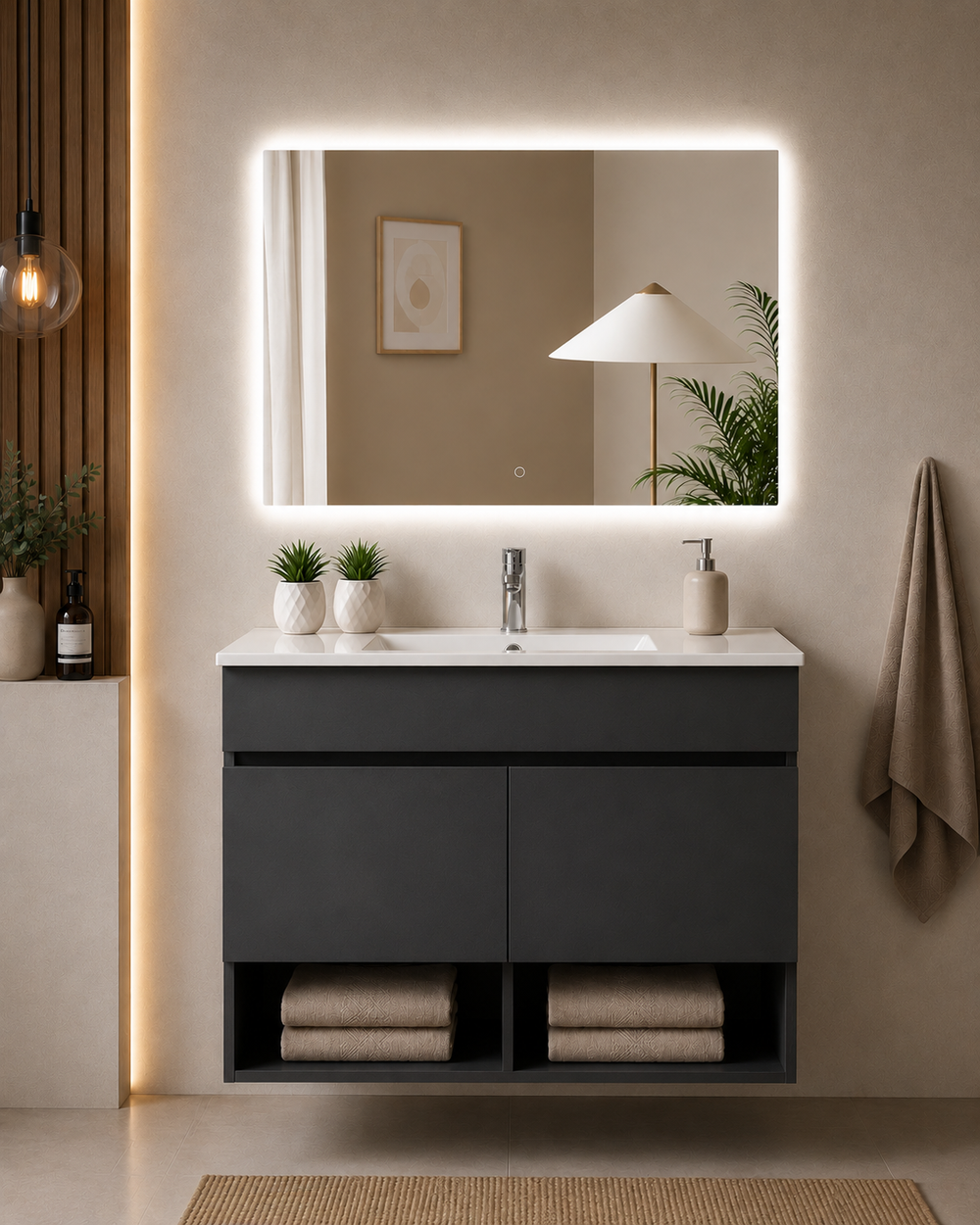 Kabinet kamar mandi gantung Nebari dengan pintu dan wastafel · Grafit