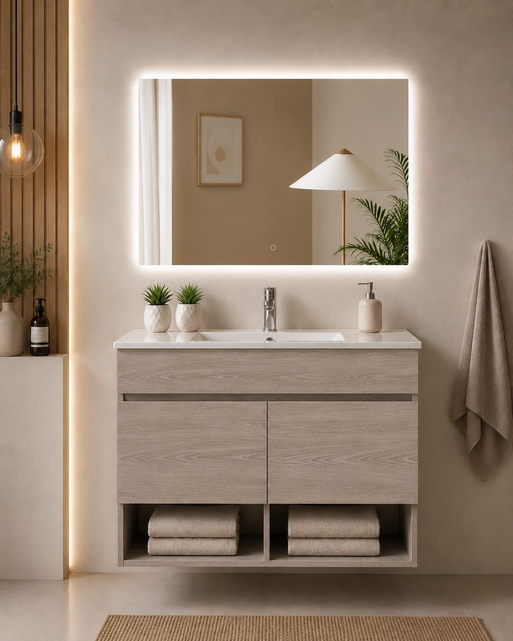 Kabinet kamar mandi gantung Nebari dengan pintu dan wastafel · Ek Asap