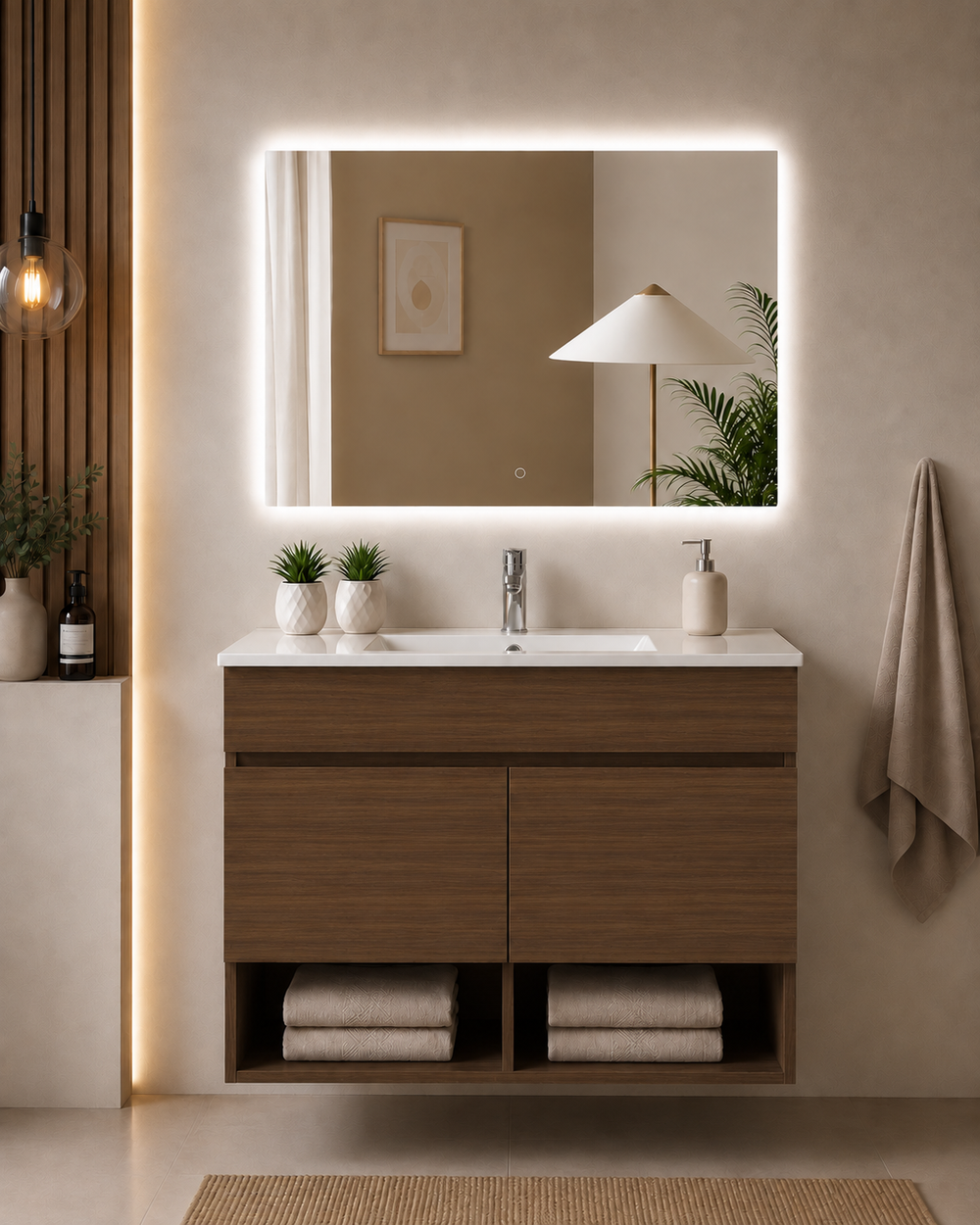 Kabinet kamar mandi gantung Nebari dengan pintu dan wastafel · Teh Fresno