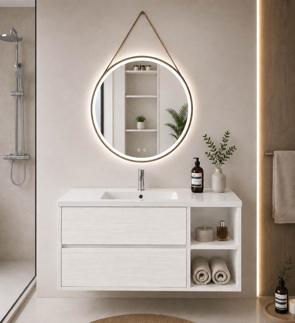Kabinet kamar mandi Zeus dengan wastafel, 2 laci, dan rak · Putih Nordik