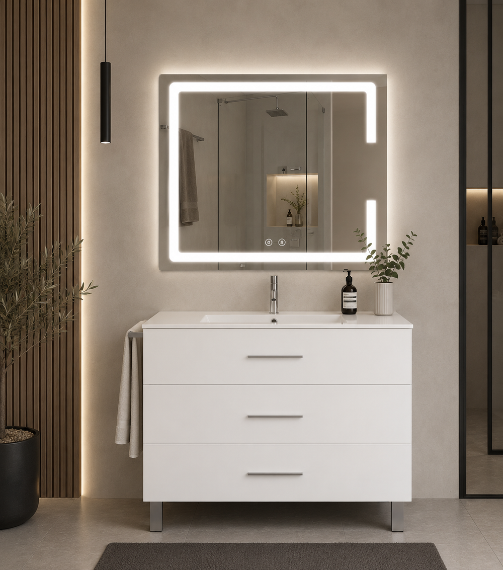 Kabinet kamar mandi berkaki Ribera, wastafel, dan 3 laci · Putih kilap