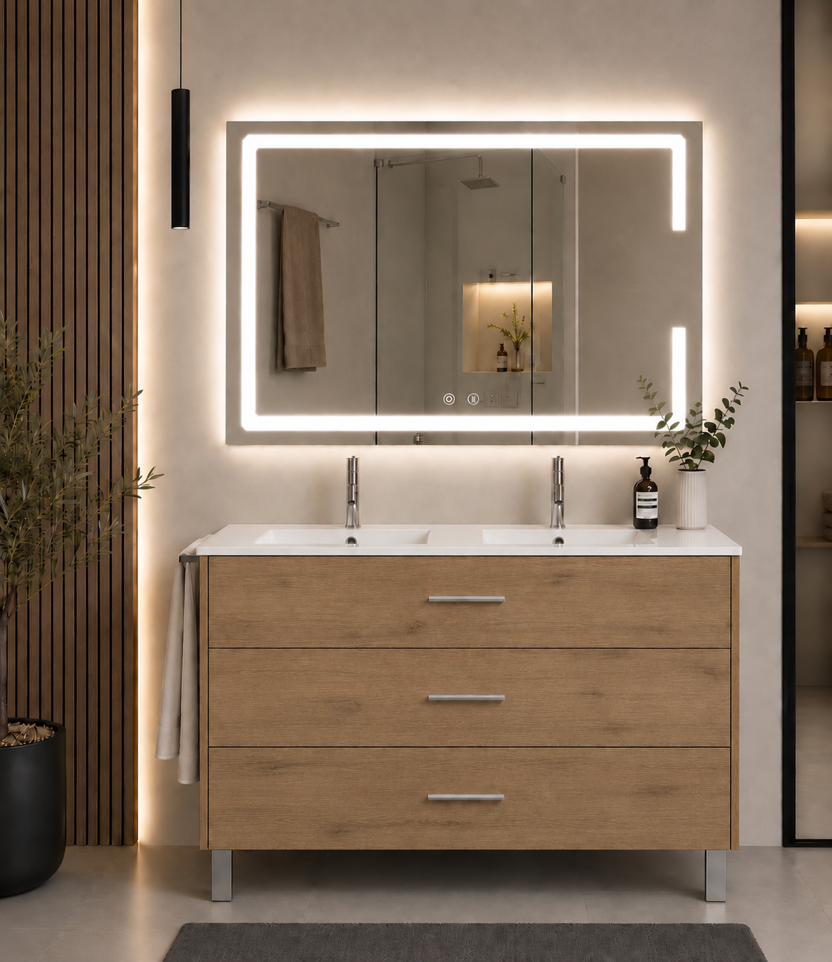 Kabinet kamar mandi berkaki Ribera, wastafel, dan 3 laci