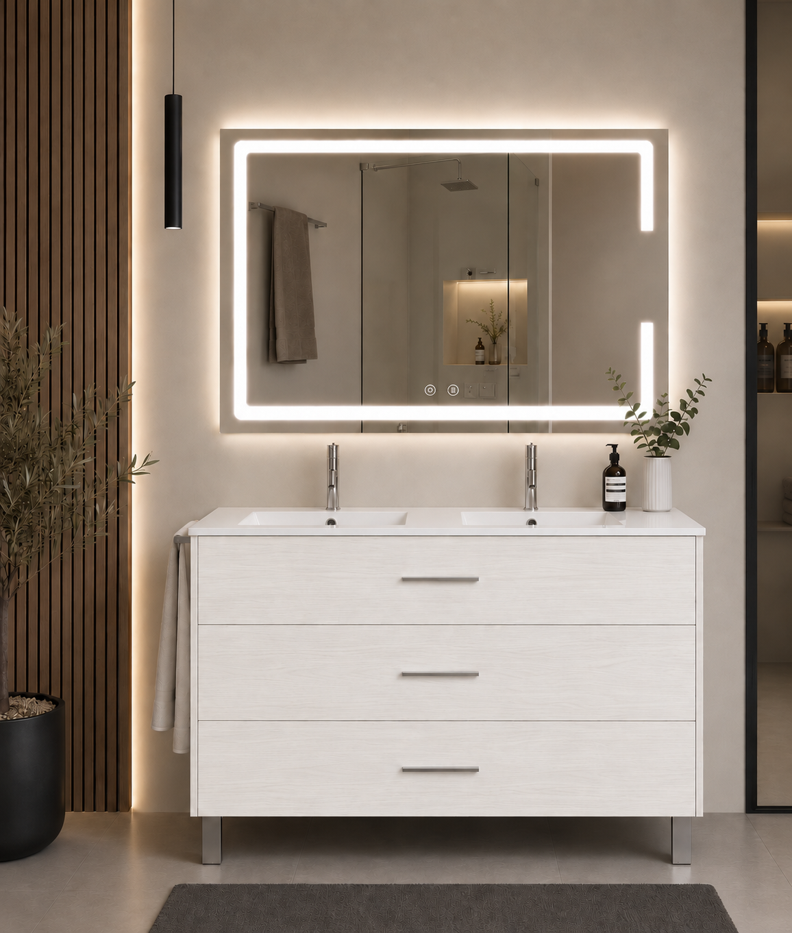 Kabinet kamar mandi berkaki Ribera, wastafel, dan 3 laci