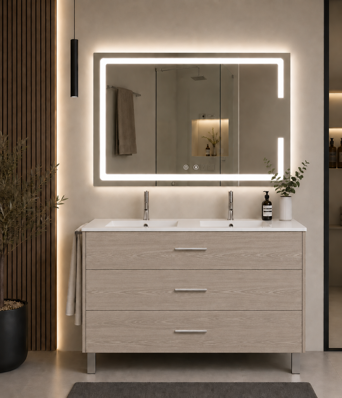 Kabinet kamar mandi berkaki Ribera, wastafel, dan 3 laci