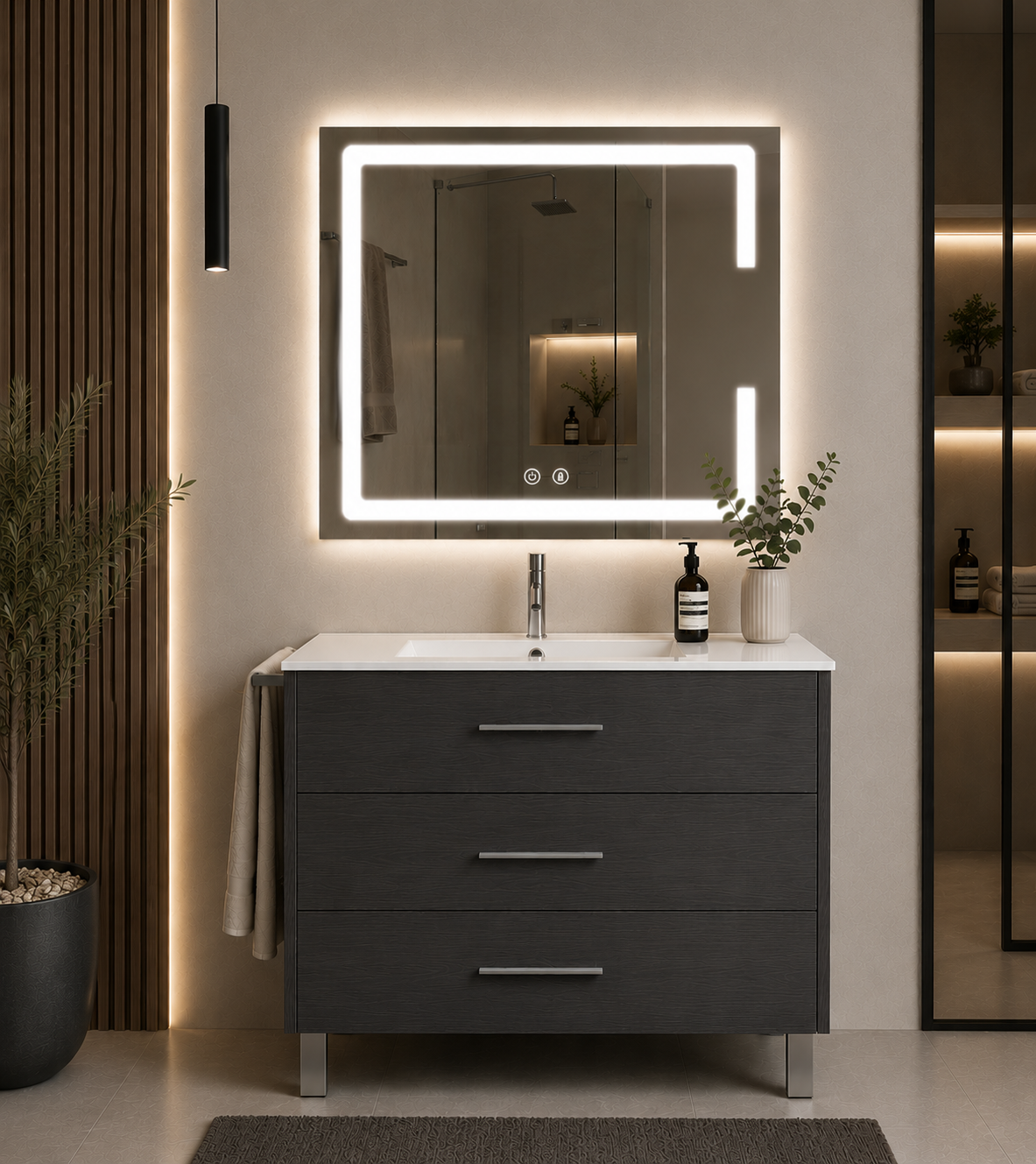 Kabinet kamar mandi berkaki Ribera, wastafel, dan 3 laci