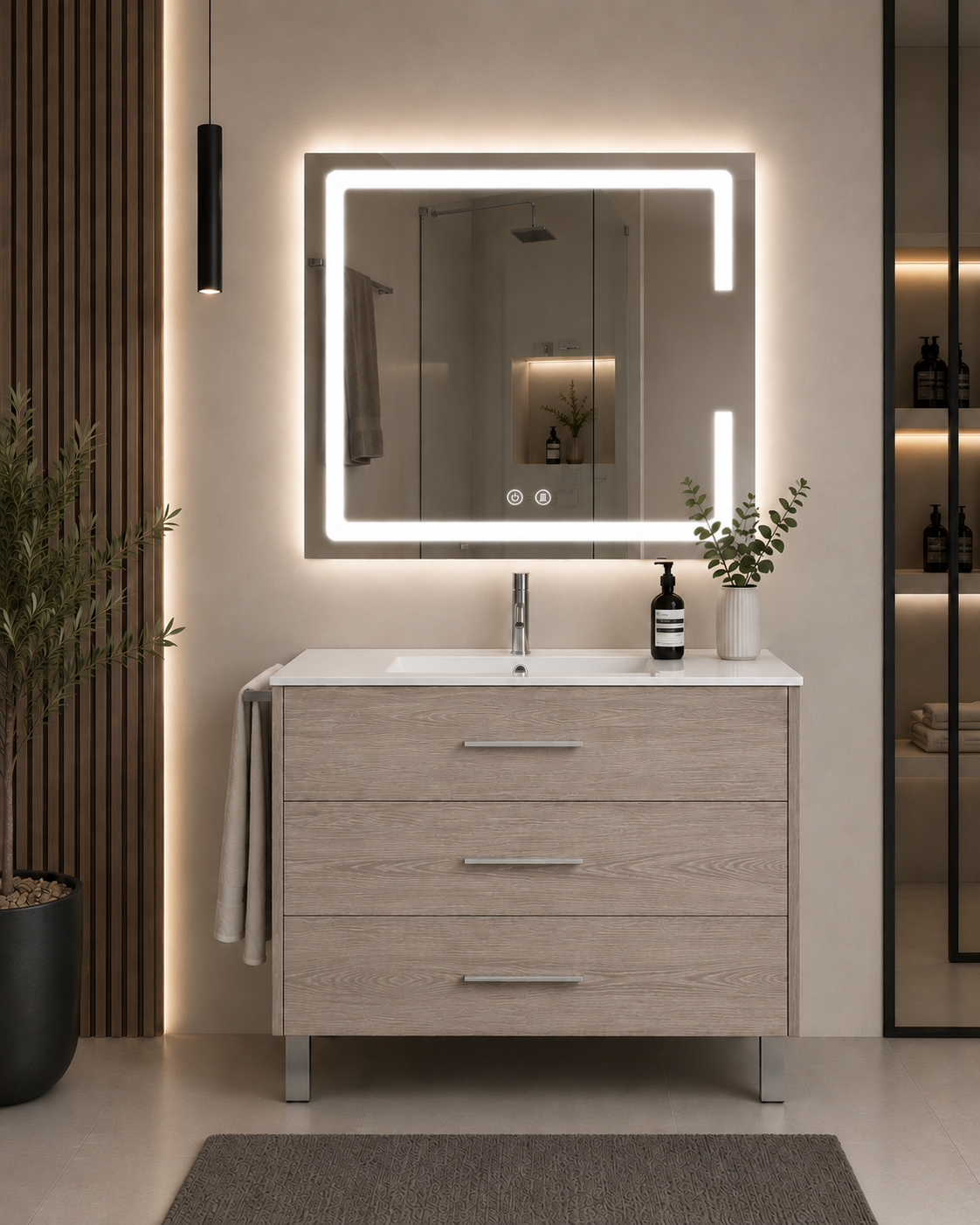 Kabinet kamar mandi berkaki Ribera, wastafel, dan 3 laci