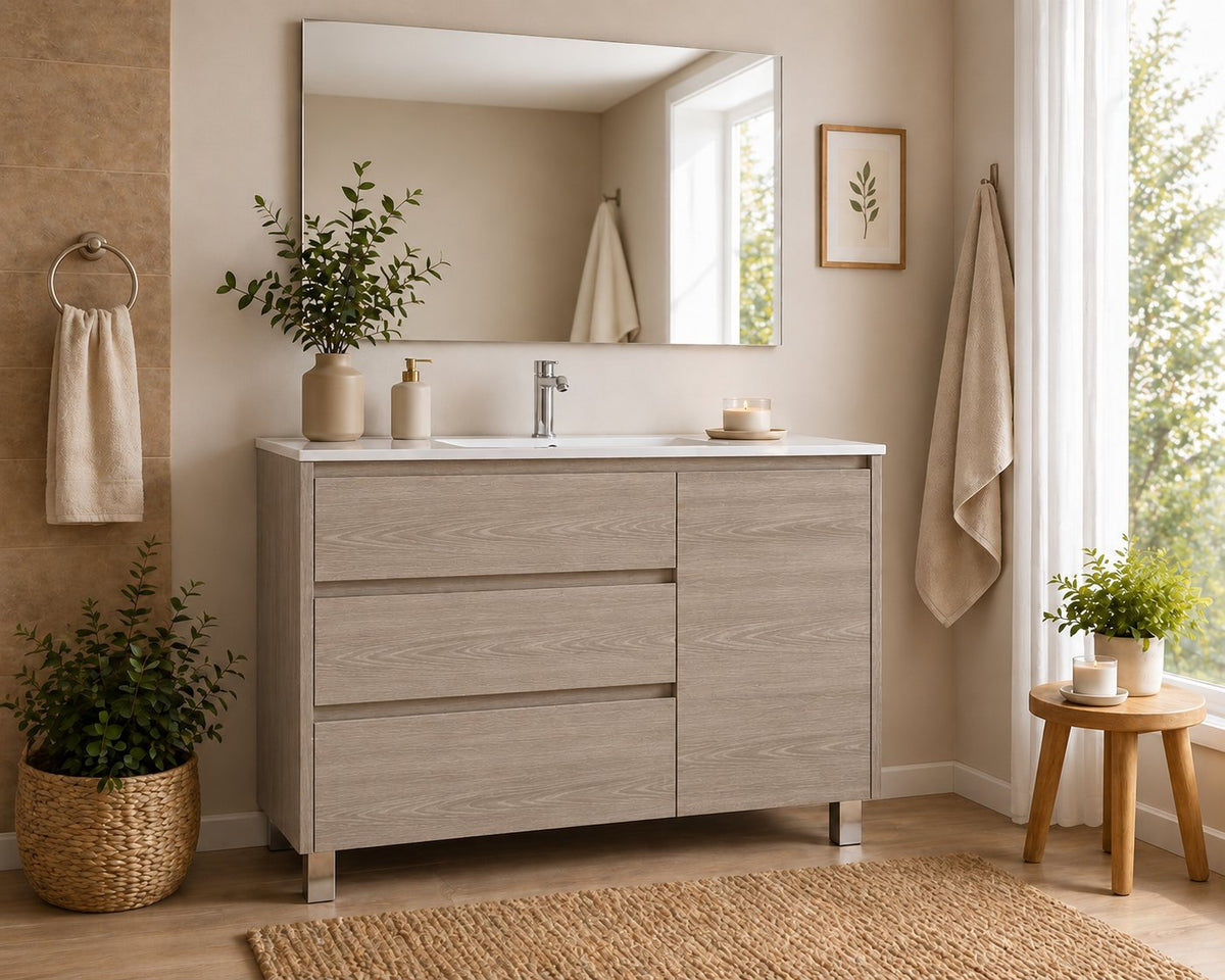 Kabinet kamar mandi Volum dengan wastafel, 3 laci, dan pintu