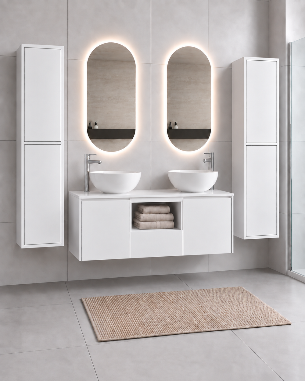 Kabinet kamar mandi AMALFI 120 GANDA dengan 2 wastafel · Putih kilap