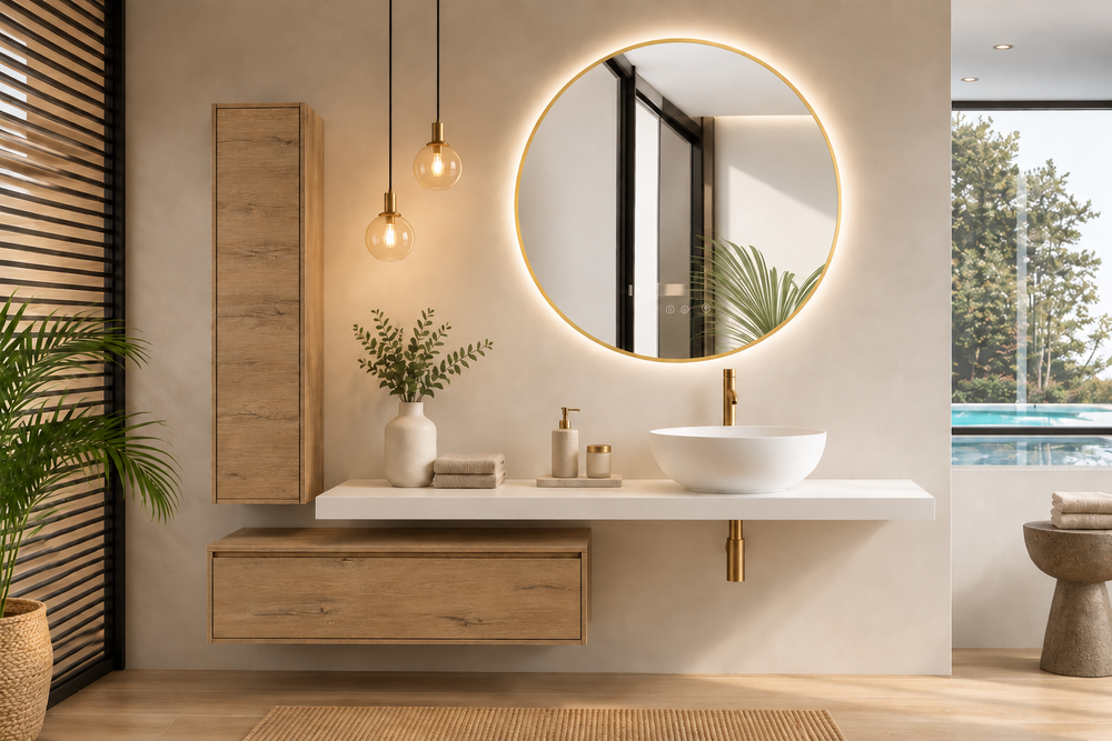 Kabinet kamar mandi Mallorca 120 cm dengan wastafel dan lemari kolom · Stepa