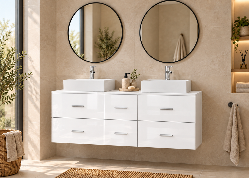 Kabinet kamar mandi MILOS 121 dengan 2 wastafel LIBRA · Putih kilap