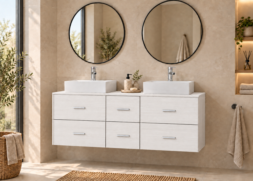 Kabinet kamar mandi MILOS 121 dengan 2 wastafel LIBRA · Putih Nordik
