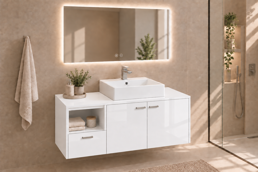 Perabot kamar mandi NAXOS dengan meja dan wastafel duduk Libra · Putih kilap
