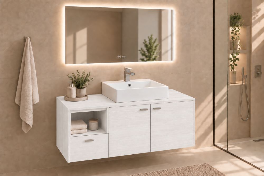 Perabot kamar mandi NAXOS dengan meja dan wastafel duduk Libra · Putih Nordik