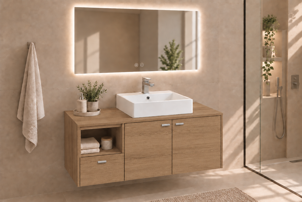 Perabot kamar mandi NAXOS dengan meja dan wastafel duduk Libra · Stepa