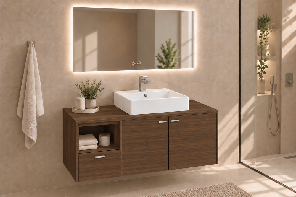 Perabot kamar mandi NAXOS dengan meja dan wastafel duduk Libra · Teh Fresno