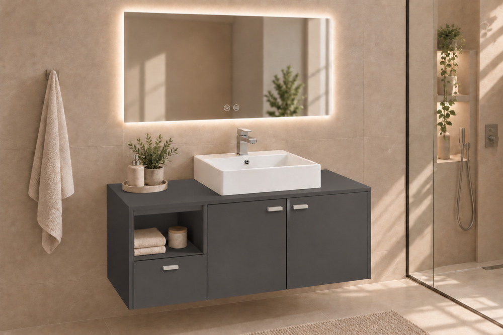 Perabot kamar mandi NAXOS dengan meja dan wastafel duduk Libra · Grafit