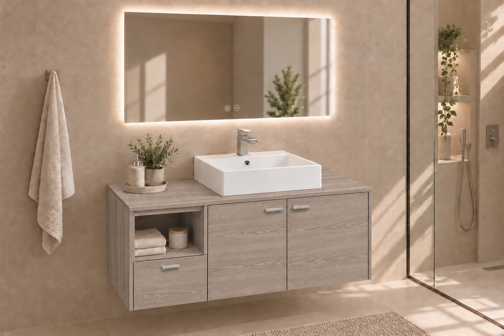 Perabot kamar mandi NAXOS dengan meja dan wastafel duduk Libra · Ek Asap