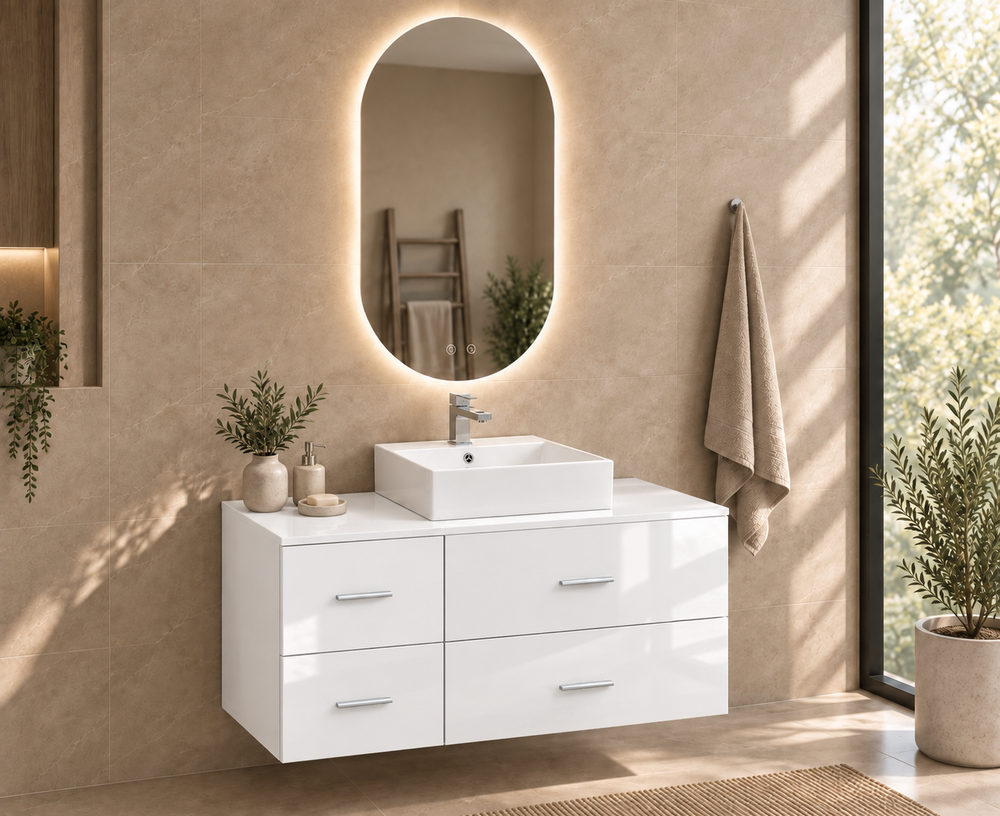 Kabinet kamar mandi PAROS dengan meja dan wastafel duduk Libra · Putih kilap