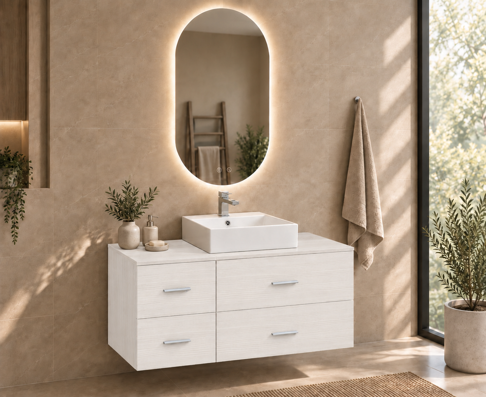 Kabinet kamar mandi PAROS dengan meja dan wastafel duduk Libra · Putih Nordik