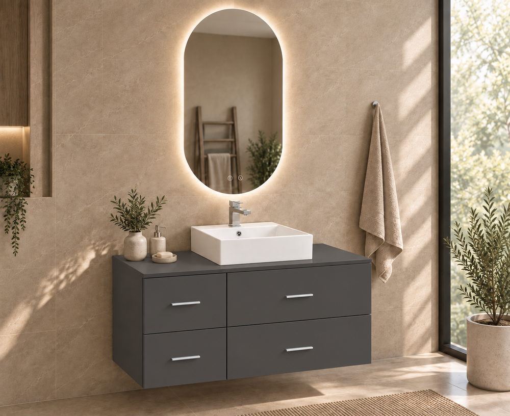 Kabinet kamar mandi PAROS dengan meja dan wastafel duduk Libra · Grafit