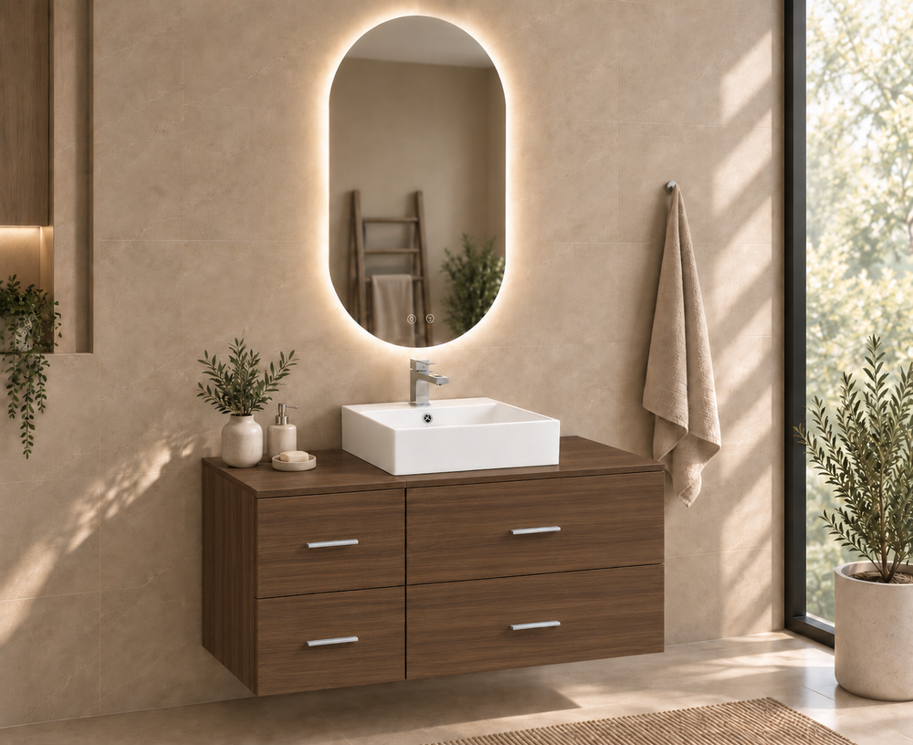Kabinet kamar mandi PAROS dengan meja dan wastafel duduk Libra · Teh Fresno