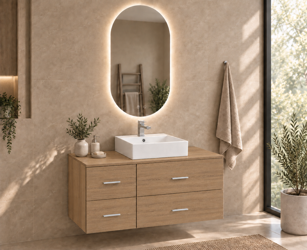 Kabinet kamar mandi PAROS dengan meja dan wastafel duduk Libra · Stepa