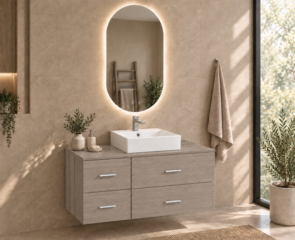 Kabinet kamar mandi PAROS dengan meja dan wastafel duduk Libra · Ek Asap